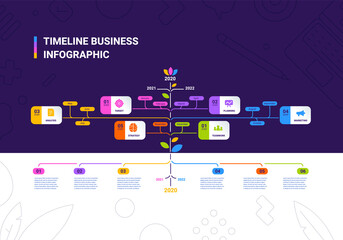 Vector business illustration of tree timeline infographics template on color background with business icon and text.