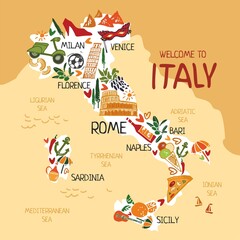 Wall Mural - Map of Italy with cities and sea names for children's books and posters. Tourist guide for traveling in Italy. Print on paper, cloth, towels, posters to the kitchen. Flat cartoon cute Vector image