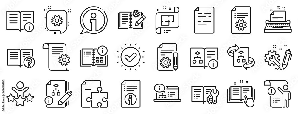 Set of Instruction, Plan and Manual icons. Technical document line icons. Help document, Building plan and Algorithm symbols. Technical blueprint, Engineering instruction, Work tool, building. Vector - obrazy, fototapety, plakaty 