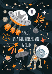 Wall Mural - space is a big unknown world poster design with friendly aliens, spacecrafts, and stars around centr