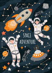 Wall Mural - space adventure poster with astronauts, spaceships and rockets on a sky with constellations, colored