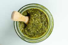 Background Homemade Cooking Recipe Green Pesto Pasta Organic Healthy Food Sauce In Glass Jar Made From Fresh Basil Leaf Herb Parmesan Cheese Nuts For Healthy Vegetarian Vegan Meal