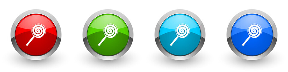 Poster - Lollipop silver metallic glossy icons, candy, sweet food concept set of modern design buttons for web, internet and mobile applications in four colors options isolated on white background