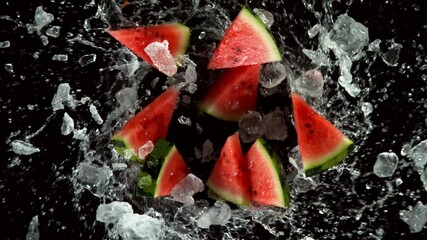Poster - Super slow motion of melon slices with ice rotating in water, black background. Filmed on high speed cinema camera, 1000 fps.