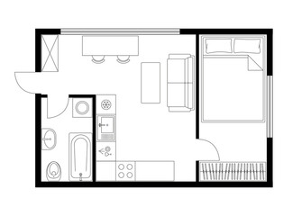 Wall Mural - Apartment plan layout studio, condominium, flat, house. One bedroom plan apartment small space. Interior design elements kitchen, bedroom, bathroom with furniture. Vector floorplan living room.