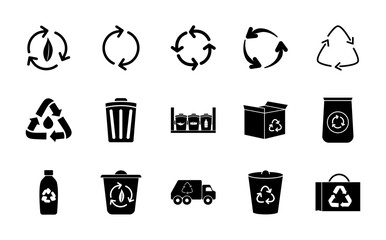 Sticker - garbage truck and recycling icon set, silhouette style