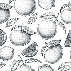 Wall Mural - Citrus seamless pattern. Hand drawn vector illustration. Mandarin and orange sketch background. Vintage design template.