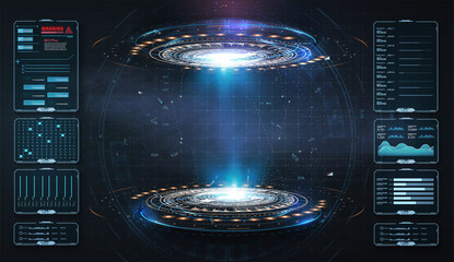 Art design hologram, portals, teleport template. Abstract concept modern technology portal, round tunnels. Magic circle teleport podium. GUI, UI virtual reality projector. Two luminous blue rings. 