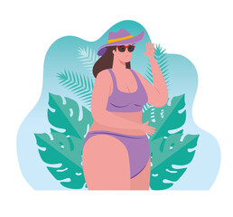 Wall Mural - cute plump woman in swimsuit using sunglasses, with tropical leaves scene vector illustration design