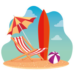 Wall Mural - summer scenes, beach chair with umbrella, surfboard and ball plastic, in the beach vector illustration design