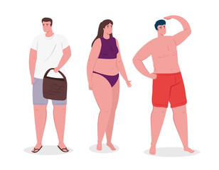 Sticker - young people, woman and men with swimsuit or clothes summer, vacation season vector illustration design