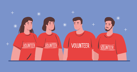 Canvas Print - volunteers young people using red shirts, charity and social care donation concept vector illustration design