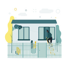 Video Monitoring. A Vector Illustration Of A Burglar Climbing A Window On A Staircase, A Video Surveillance Camera Takes It Off. The Camera Shoots As A Masked Man Creeps Into A Window At Home
