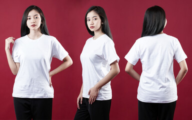 Front portrait with various styles of a young woman. Young woman with a blank white tshirt, front and back views, isolated red background with cutouts. Design templates and women's tshirt mockups.