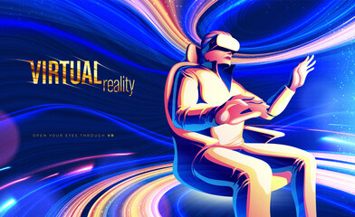 Wall Mural - Virtual reality theme design featuring the man wearing the VR headset and experience the digital world in vector illustration