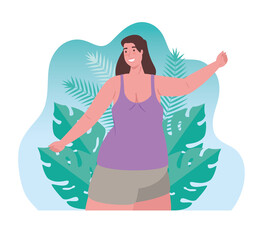 Wall Mural - cute plump woman, with tropical leaves scene, summer season vector illustration design