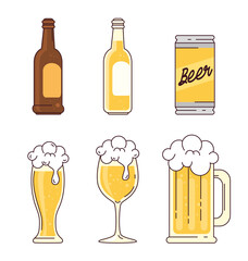 Wall Mural - set, bottles, can, glass, cup, mug of beer on white background vector illustration design