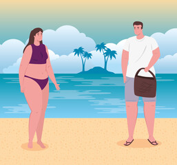 Poster - young couple on the beach, guy and his girlfriend in the beach, summer vacation season vector illustration design