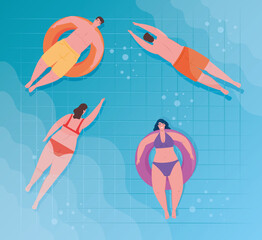 Sticker - people using swimsuit, people floating and swimming, relaxing sunbathing on inflatable, in the pool, summer vacation season vector illustration design