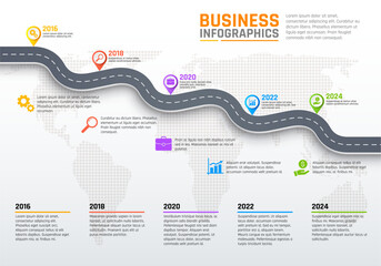 Poster - Business infographics, stages of road or pathway, development per year. Vector infographics report with graphs and diagrams on road chart. Development and growth with map pointers