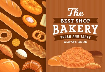 Sticker - Bakery, pastry and bread vector poster. Bakery shop products. Wheat bread loaf, flatbread and baguette, sweet bagel with sesame, bun with icing, pretzel and croissant, challah with poppy seeds