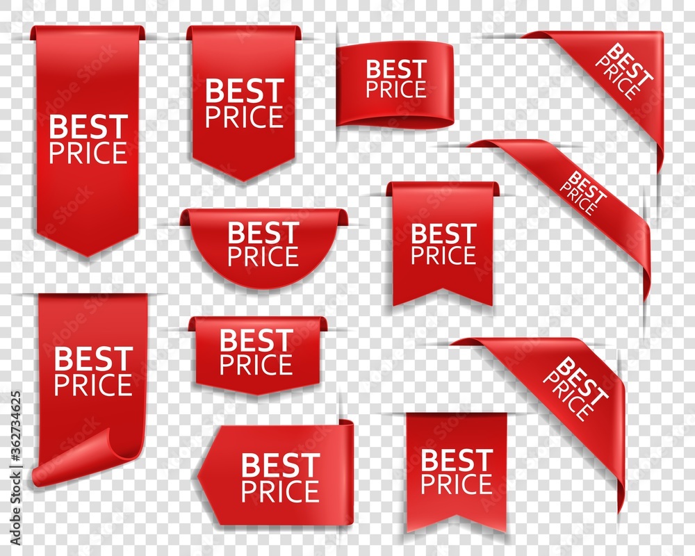 Best price red ribbons and banners, web design elements. Realistic vector ribbons, corners, 3d labels. Discount silk promotional event banners, shopping tags and best price badges - obrazy, fototapety, plakaty 