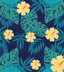 Wall Mural - tropical background, flowers yellow color and tropical plants, decoration with flowers and tropical leaves vector illustration design