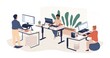 Diverse people working at contemporary workspace vector flat illustration. Man and woman employees at modern area with ergonomic furniture and computers isolated. Modern coworking openspace