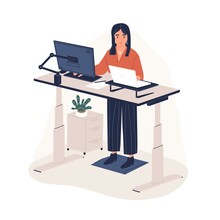 Smiling Woman Employee Working At Ergonomic Workstation Vector Flat Illustration. Contemporary Office Furnituring With Computer And Laptop Isolated On White. Female Standing On Foot Rest Behind Desk
