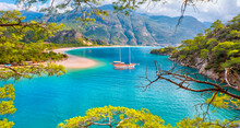 Brown Gulet Anchored At The Aegean Sea - Panoramic View Of Oludeniz Beach And Blue Lagoon, Oludeniz Beach Is Best Beaches In Turkey - Fethiye, Turkey