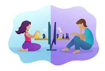 People playing chess online during quarantine. Boy and girl sitting on floor in front of computer screens playing strategic game. Stay home and social distancing concept. Flat vector illustration