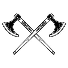 Illustration Of Two Crossed Viking Axe In Engraving Style. Design Element For Logo, Emblem, Sign, Poster, Card, Banner. Vector Illustration