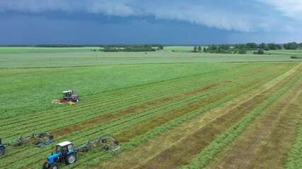Wall Mural - Agriculture and agronomy concept. Cutting alfalfa fieldand swathing with a swather. Tractor working at field. Haymaking in the countryside. Beautiful scenery and blue sky
