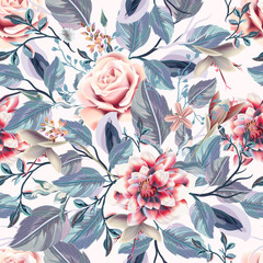 Poster - Beautiful seamless vector vintage pattern with pink roses, blue leaves and flowers