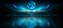 Fantasy Night Landscape Seascape With Mountains And Islands. Futuristic Neon Light, Night Sky, Reflection In The Water Of Light, Moonlight. 
