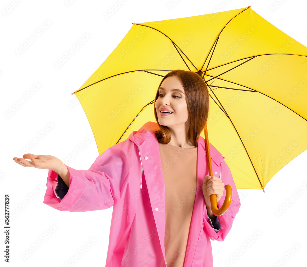 Beautiful woman with umbrella on white background