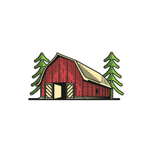 Red Barn With Vintage Style On White Background