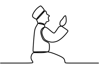 Wall Mural - Continuous line drawing of muslim man pray and raise hand can use for ramadan and ied mubarak with minimalist design isolated in one white background