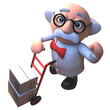 3d cartoon mad scientist character using a hand cart trolley to deliver some parcels and packages