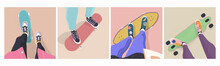 Set Of Various View From Above. Female Ride On Skateboard. Trendy Vector Illustration.