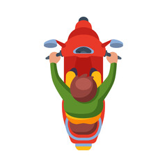 Sticker - Man Riding Red Scooter, View from Above Flat Vector Illustration