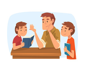 Poster - Father Teaching His Sons, Parent Helping Boys with Homework and Explaining Lesson in Textbook, Home Schooling Cartoon Vector Illustration on White Background