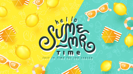 Wall Mural - Summer banner design with beach accessories on bright colorful background. Summer Lettering text.