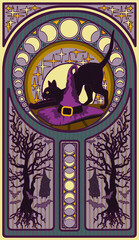 Wall Mural - Black cat and witch hat, art nouveau style card, vector illustration