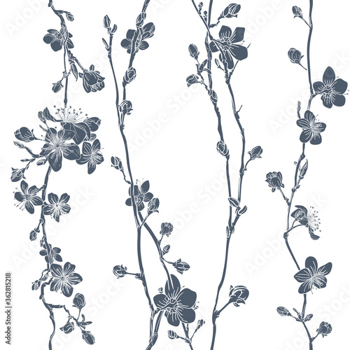 Fotomural A Japanese cherry peach blossom sakura flower seamless print pattern background