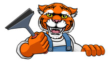 A Tiger Cartoon Mascot Car Or Window Cleaner Holding A Squeegee Tool Peeking Round A Sign