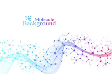 Colorful molecules background. DNA helix, DNA strand, DNA Test. Molecule or atom, neurons. Abstract structure for science or medical background, banner. Scientific molecular vector illustration