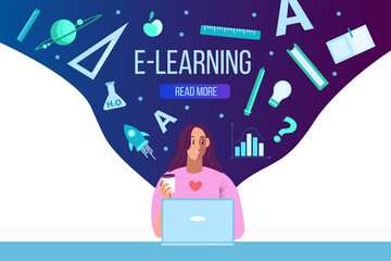 Wall Mural - Online education web page concept with female student using laptop, science icons. Internet courses vector banner in cartoon flat style and blue colors with young smiling girl learning at home.