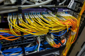 server rack with red internet patch cord cables connected to patch panel in server room