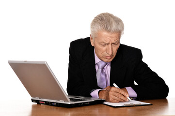 Sticker - Portrait of old businessman working with laptop